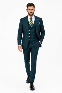 Men's Hunter Statement Ticket Pocket Peak Lapel Wool Double Breasted Vest Suit with Silver Buttons – Modern Fit