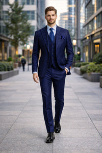 Mens Peak Lapel Modern Fit - No Pleated Pants Designer Brand Navy 3 Piece Vested Suit
