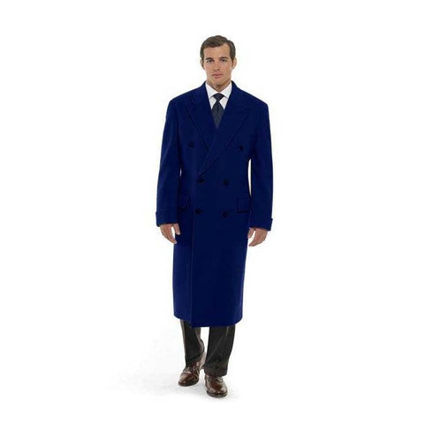 Mens Navy Blue Double Breasted Wool Blend Overcoat - Wool and Cashmere Topcoat