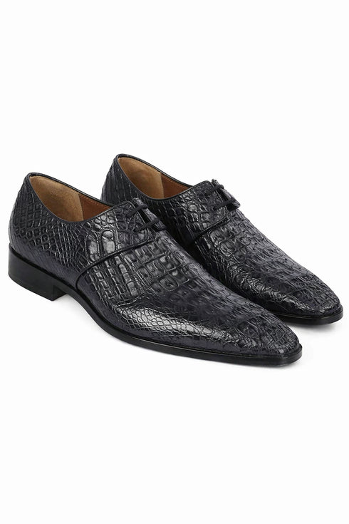Mens Navy Crocodile and Calfskin Leather Slip-On Dress Loafers
