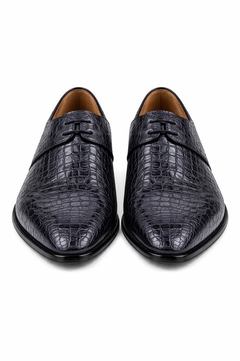 Mens Navy Crocodile and Calfskin Leather Slip-On Dress Loafers