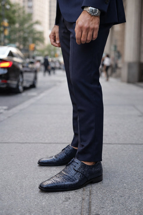 Mens Navy Crocodile and Calfskin Leather Slip-On Dress Loafers