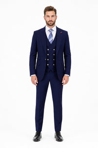 Men's Navy Statement Ticket Pocket Peak Lapel Wool Double Breasted Vest Suit with Silver Buttons – Modern Fit