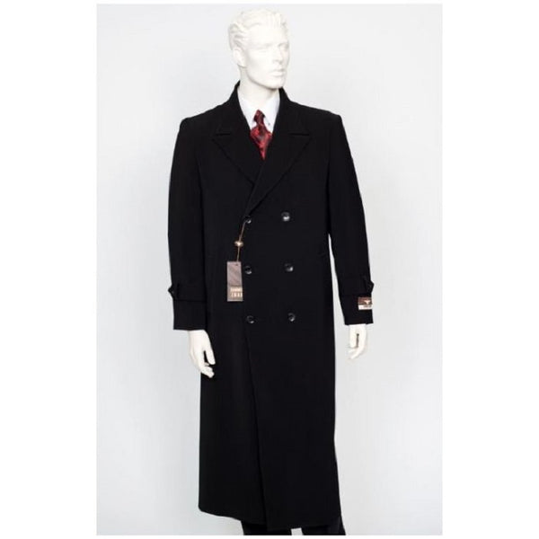 Mens Navy Peak Lapel Full Length Overcoat Double Breasted Top Coat-Black