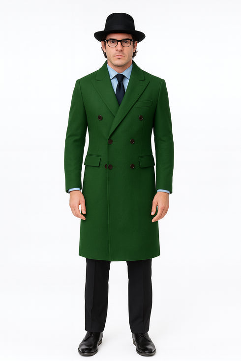 Double Breasted Long Overcoat One Chest Pocket Olive Green - Mens Car Coat Mens Topcoat