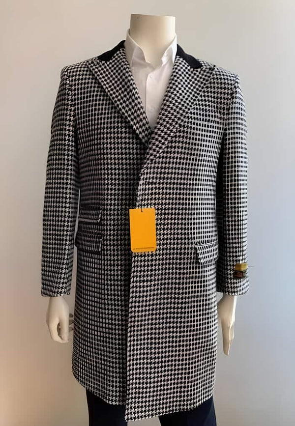 Men's Overcoat - Peak Lapel 1920s Style - Wool Car Coat Three Quarter By Alberto Nardon + Black and White