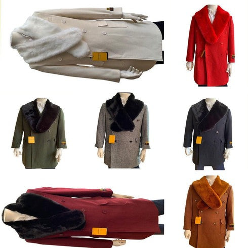 Mens Overcoat With Fur Collar - Double Breasted Cashmere And Wool Topcoat in 14 Colors Hooded Overshirts