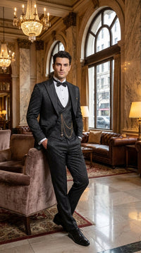Mens Paisley Black Prom Tuxedo – 3-Piece Wedding Suit with Satin Peak Lapel & Double-Breasted Vest