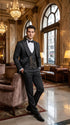 Mens Paisley Black Prom Tuxedo – 3-Piece Wedding Suit with Satin Peak Lapel & Double-Breasted Vest