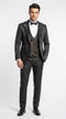 Mens Paisley Black Prom Tuxedo – 3-Piece Wedding Suit with Satin Peak Lapel & Double-Breasted Vest