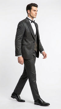 Mens Paisley Black Prom Tuxedo – 3-Piece Wedding Suit with Satin Peak Lapel & Double-Breasted Vest