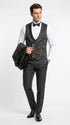 Mens Paisley Black Prom Tuxedo – 3-Piece Wedding Suit with Satin Peak Lapel & Double-Breasted Vest