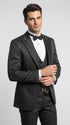 Mens Paisley Black Prom Tuxedo – 3-Piece Wedding Suit with Satin Peak Lapel & Double-Breasted Vest