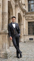 Mens Paisley Black Prom Tuxedo – 3-Piece Wedding Suit with Satin Peak Lapel & Double-Breasted Vest