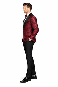 Mens Paisley Embroidered Regular Fit Paisley Pattern Tuxedo in Red