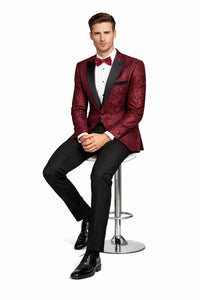 Mens Paisley Embroidered Regular Fit Paisley Pattern Tuxedo in Red
