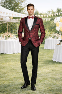 Mens Paisley Embroidered Regular Fit Paisley Pattern Tuxedo in Red