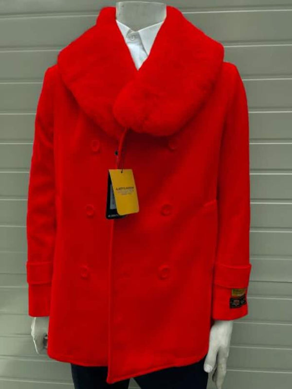 Mens Pea coats With Fur Collar - Wool Red Peacoats