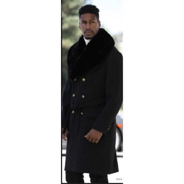 Mens Black Peacoat With Fur Collar - 3/4 Length - Wool & Cashmere