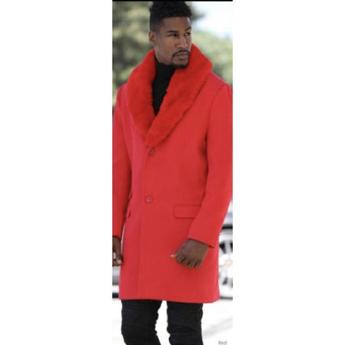 Mens Red Peacoat With Fur Collar - 3/4 Length - Wool & Cashmere