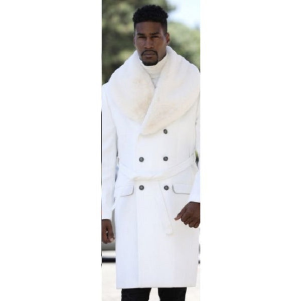 Mens Peacoat With Fur Collar - 3/4 Length - Wool & Cashmere