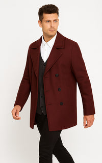 Mens Peacoat Slim Fit - Fitted Wool Peacoat - Slim Cut -Burgundy Wine