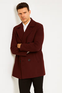 Mens Peacoat Slim Fit - Fitted Wool Peacoat - Slim Cut -Burgundy Wine