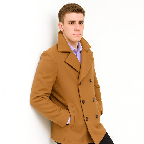 Mens Peacoat Wool Fabric Double breasted Style Coat in 10 Colors