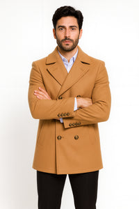 Mens Peacoat Wool Fabric Double Breasted - Tan