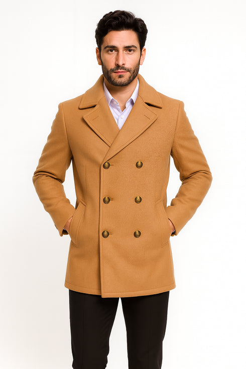 Mens Peacoat Wool Fabric Double Breasted - Tan