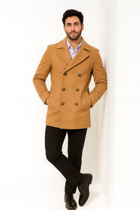 Mens Peacoat Wool Fabric Double Breasted - Tan