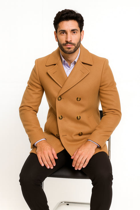 Mens Peacoat Wool Fabric Double Breasted - Tan