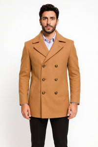 Mens Peacoat Wool Fabric Double Breasted - Tan