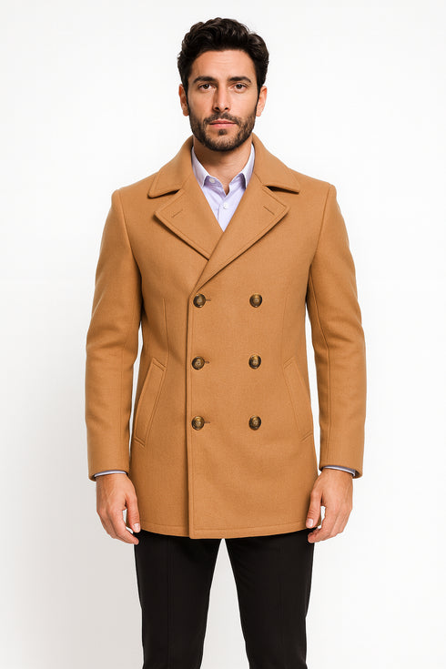 Mens Peacoat Wool Fabric Double Breasted - Tan