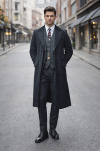 Mens Peaky Blinders Costume Thomas Shelby 3PC Suit & Black Overcoat