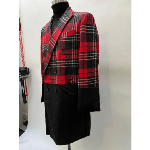 Mens Plaid Overcoat - Black and Red Wool Peacoat