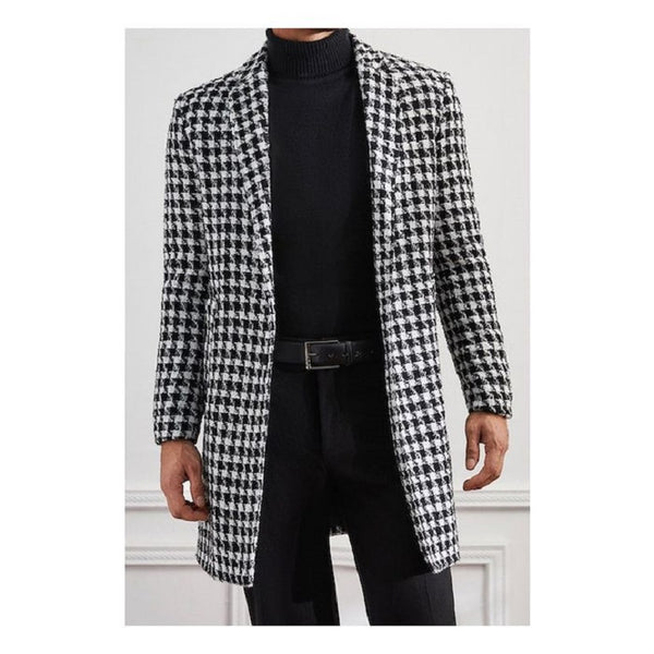 Mens Plaid Overcoat - Black and White Wool Peacoat