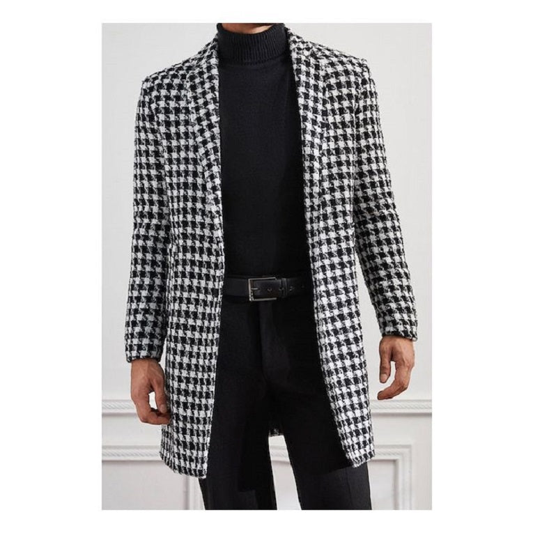 Mens Plaid Overcoat Black and White Wool Peacoat