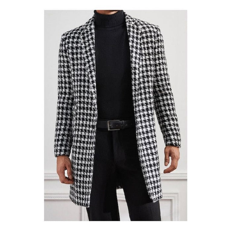 Mens Plaid Overcoat - Hounstooth Checker Pattern Single Breasted Topcoat - Black Black / Coat Size 38 Mens Plaid Overcoat - Hounstooth Checker Pattern Single Breasted Topcoat - Black Black / Coat Size 38