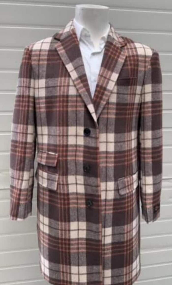 Mens Plaid Overcoat - Checkered Carcoat - Wool Three Quarter Peacoat