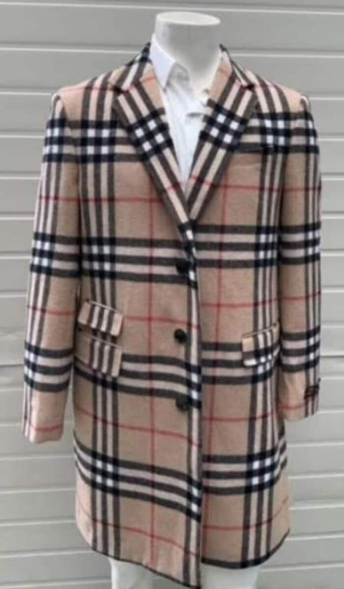 Mens Plaid Overcoat - Checkered Carcoat - Wool Three Quarter Peacoat