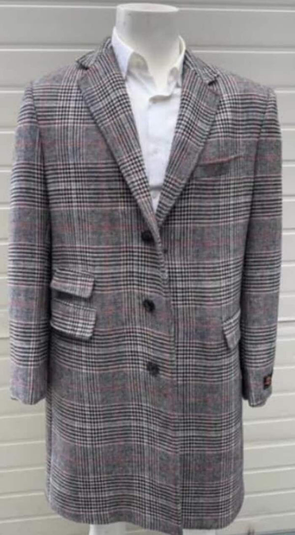 Mens Plaid Overcoat - Checkered Carcoat - Wool Three Quarter Peacoat