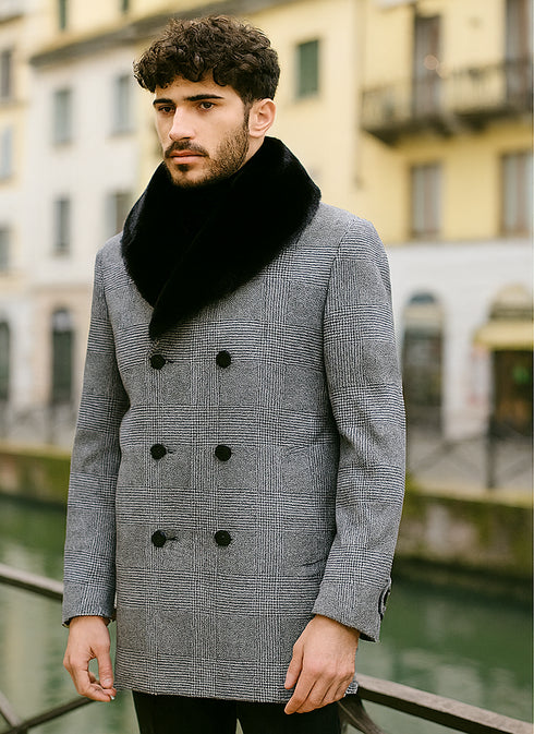 Mens Plaid Overcoat - Gray Wool Peacoat Plaid Topcoats