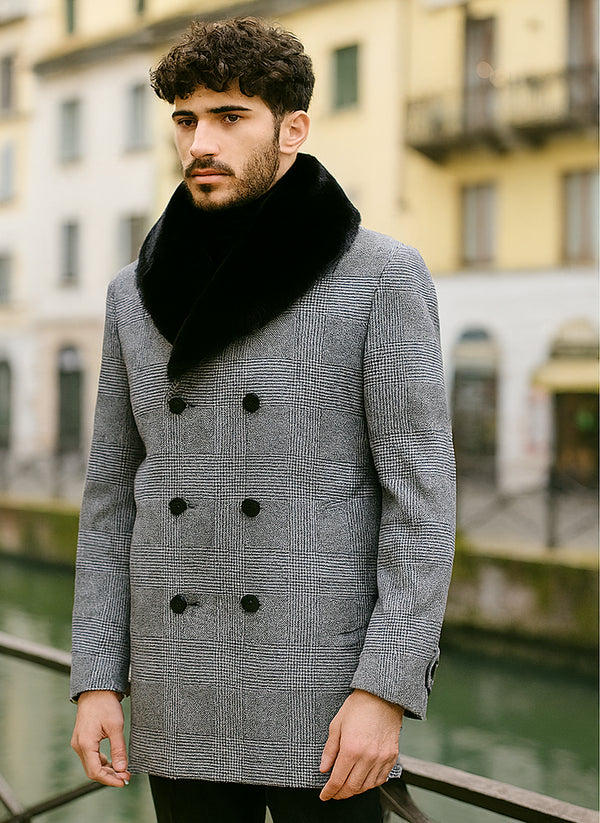 Mens Plaid Overcoat - Gray Wool Peacoat Plaid Topcoats