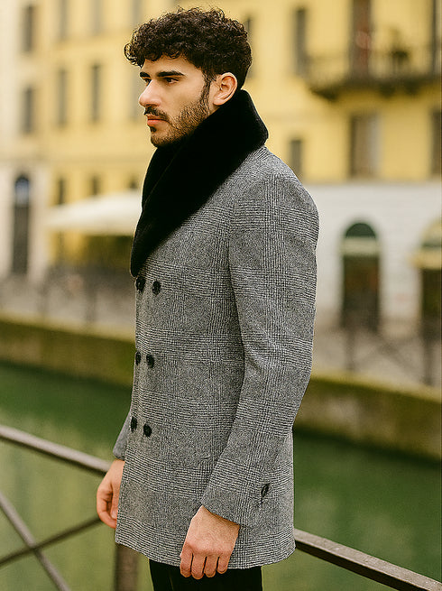 Mens Plaid Overcoat - Gray Wool Peacoat Plaid Topcoats
