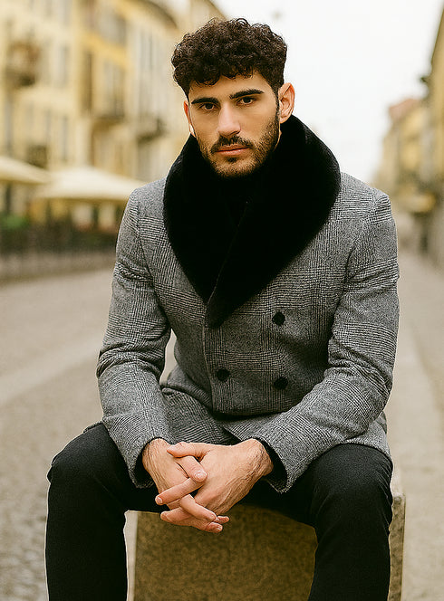 Mens Plaid Overcoat - Gray Wool Peacoat Plaid Topcoats