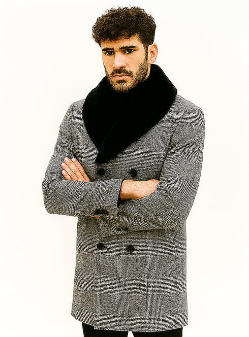 Mens Plaid Overcoat - Gray Wool Peacoat Plaid Topcoats