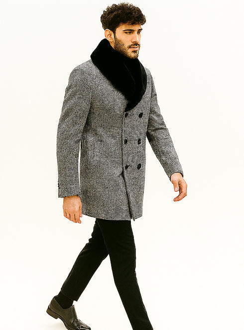 Mens Plaid Overcoat - Gray Wool Peacoat Plaid Topcoats