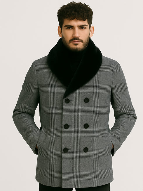 Mens Plaid Overcoat - Gray Wool Peacoat Plaid Topcoats
