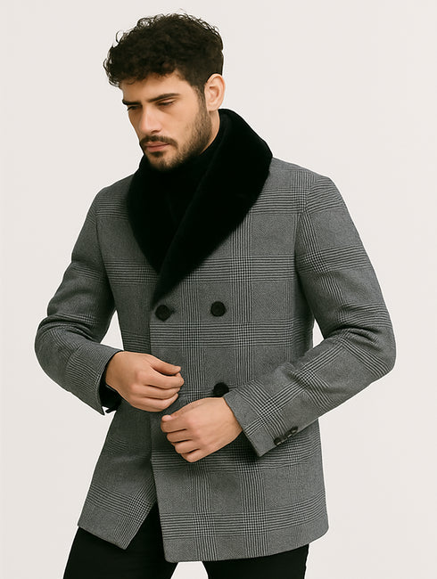 Mens Plaid Overcoat - Gray Wool Peacoat Plaid Topcoats